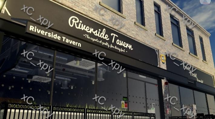 Watermarked Riverside Tavern building frontage with signage and glazed ground floor