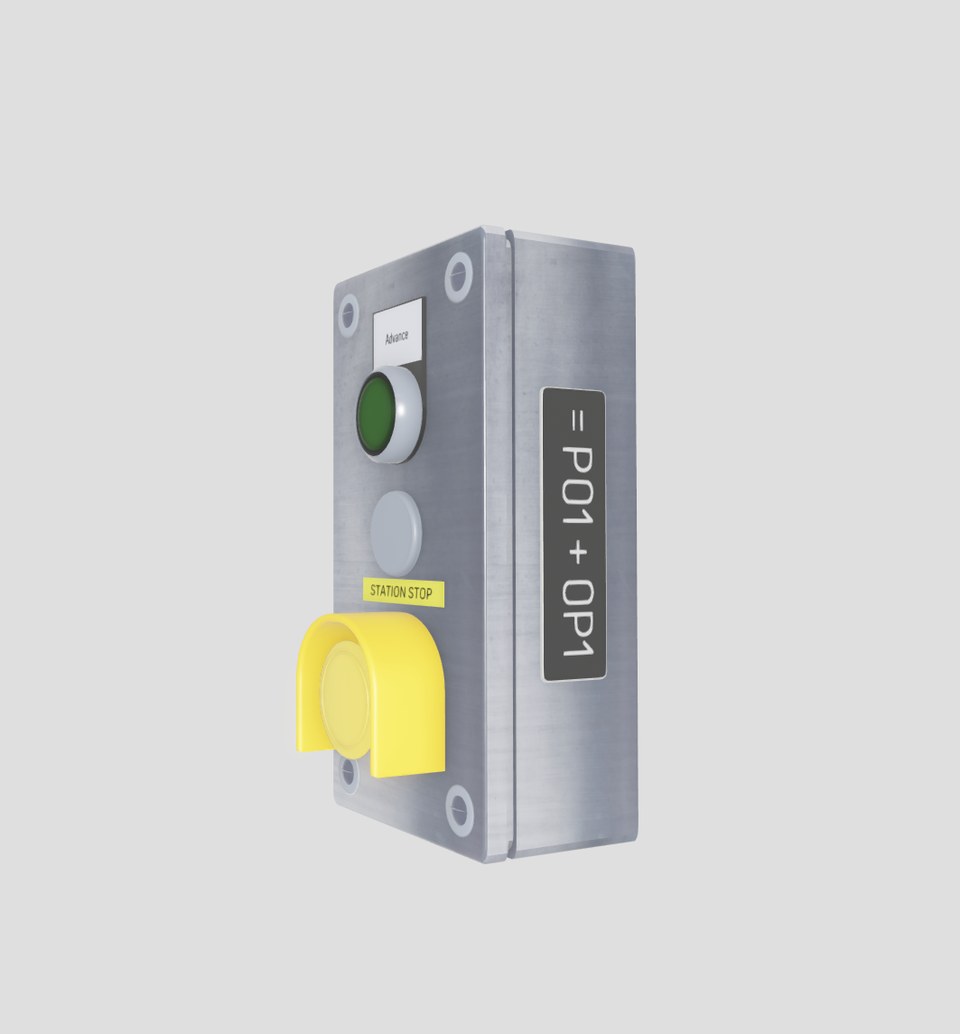 Small metal control enclosure with a green button and yellow switch cover