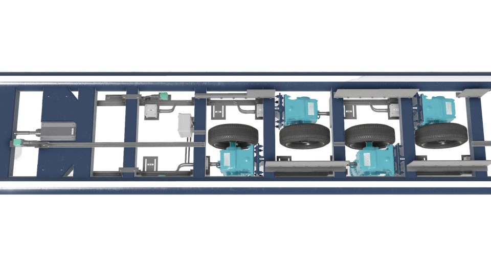 Top view of repeated coaster station motor and wheel assemblies between parallel track rails
