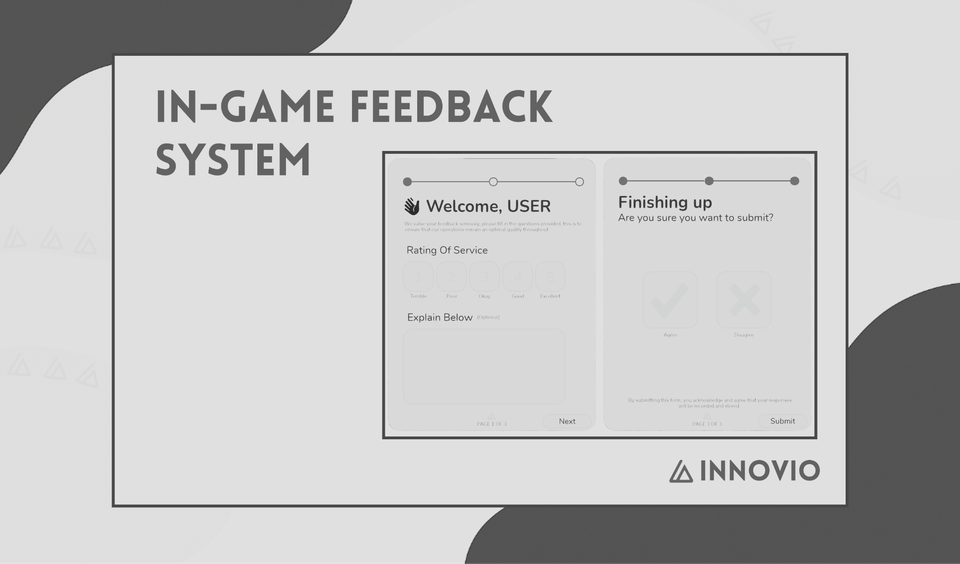 Innovio in-game feedback product presentation showing earlier feedback forms