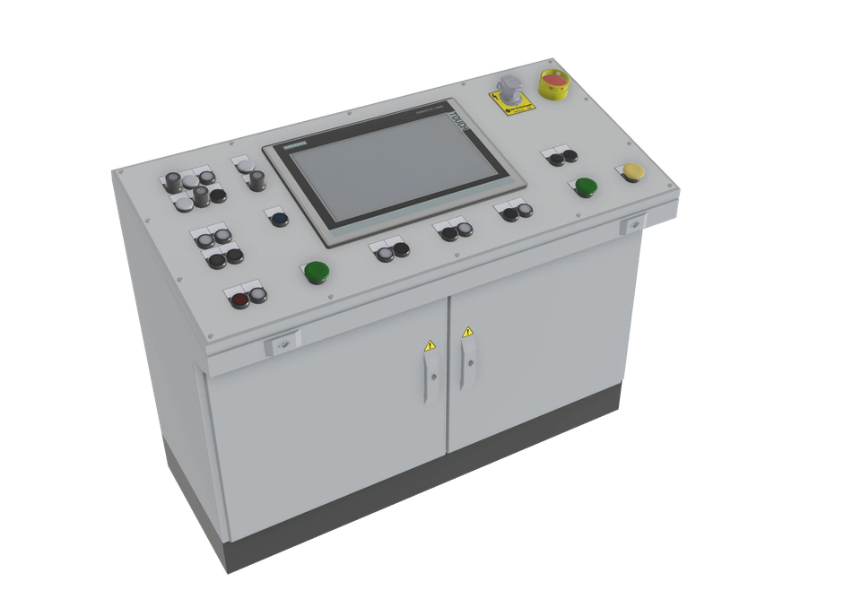 Angled white ride operator console with a display, coloured buttons and emergency stop