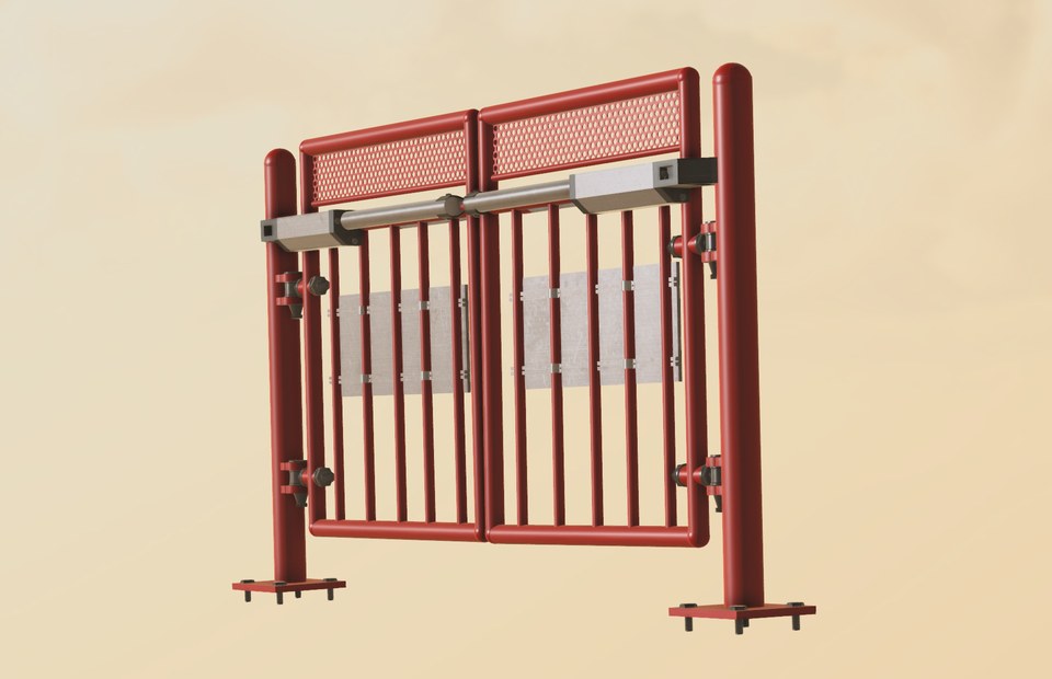 Red ride gate mechanism with tall uprights, crossbars and linkage details