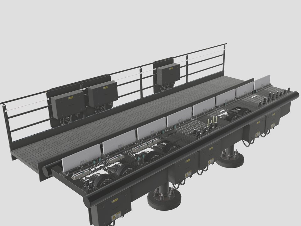 Coaster station track module with guard rails, motors, wheels and equipment enclosures