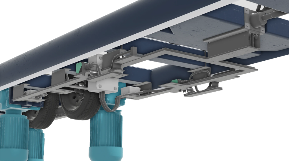 Underside of coaster track module with motors, drive wheels and brackets
