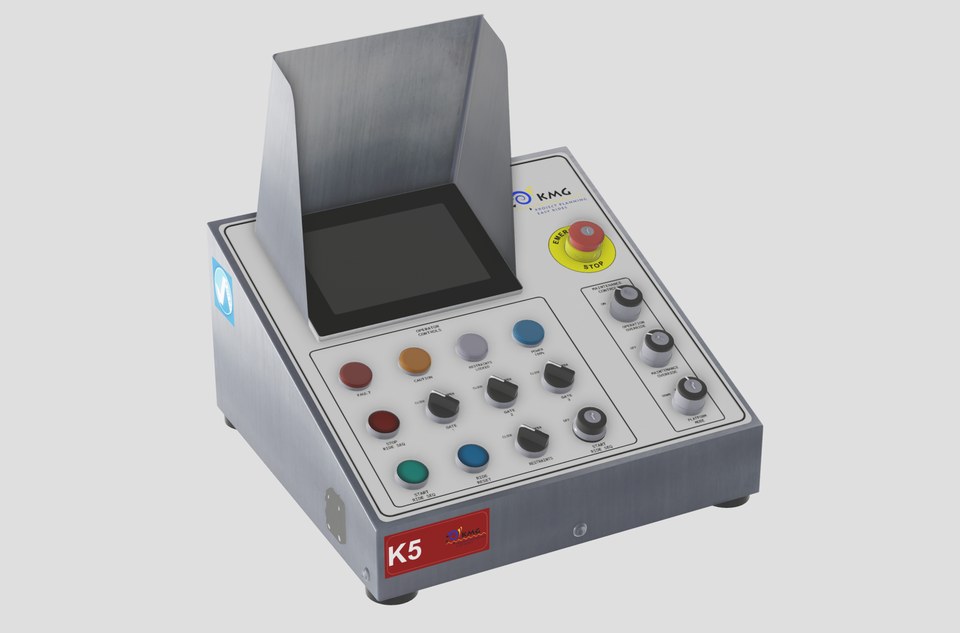 Angled render of a compact operator console with open screen hood and coloured controls