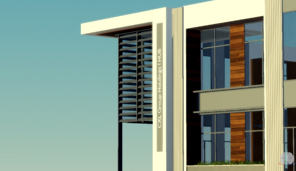 Modern glazed building façade with pale vertical frames, dark louvres and timber-coloured panels