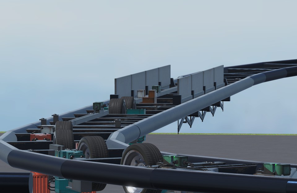 Low perspective of detailed coaster track and repeated station drive units
