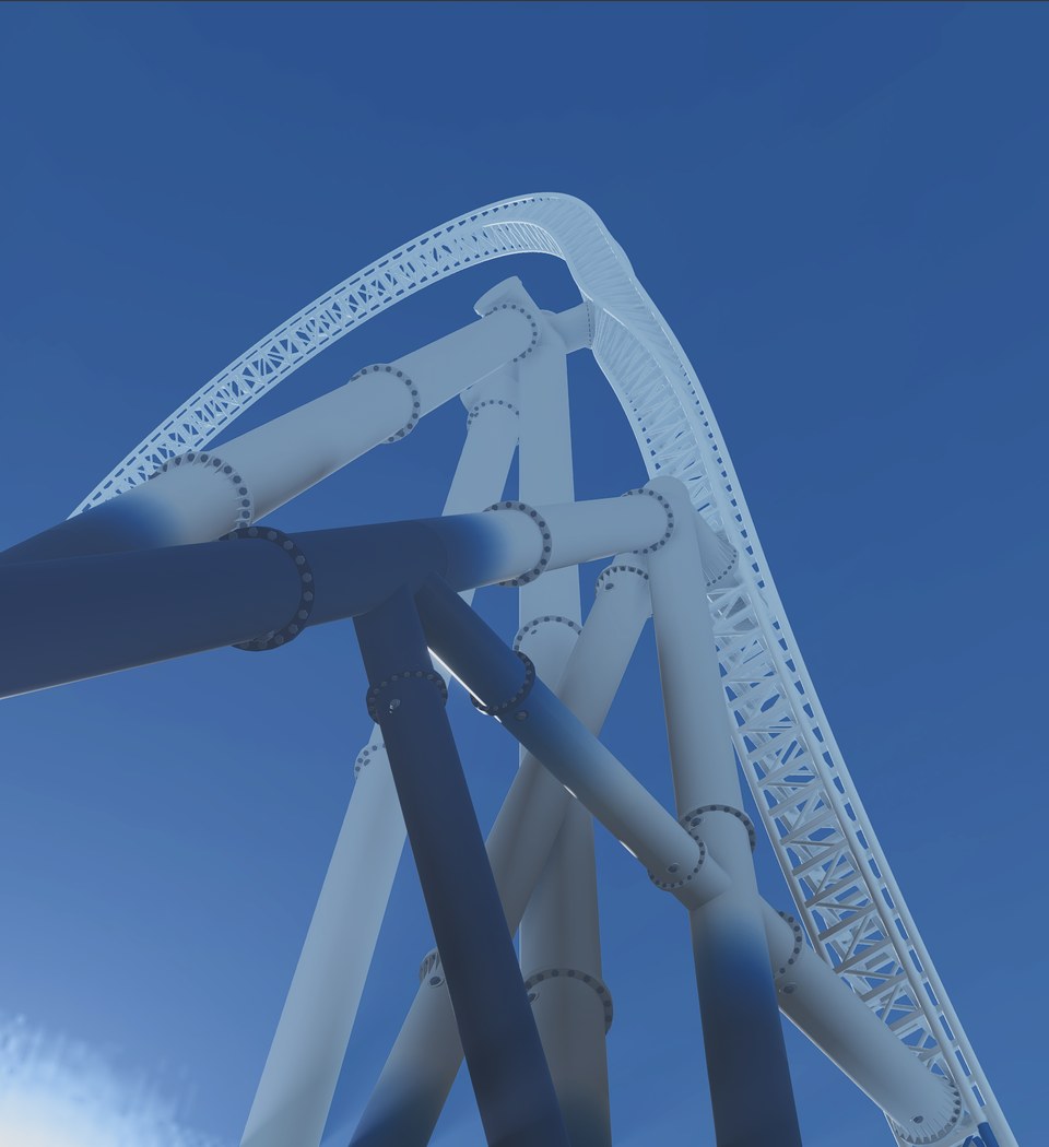White and blue coaster track curve supported by large structural columns against a blue sky