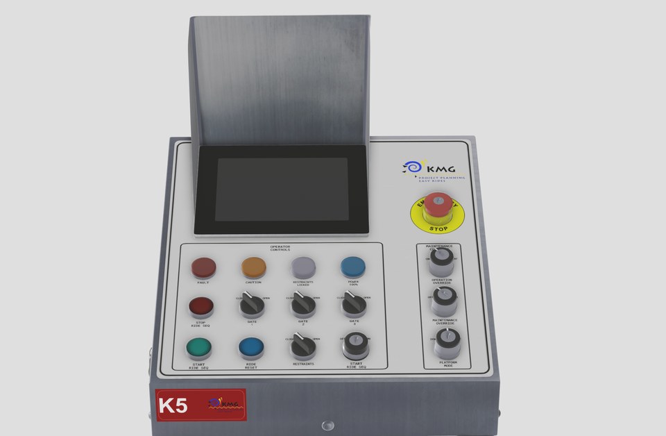 Front view of a compact K5 operator console with screen hood and labelled push buttons