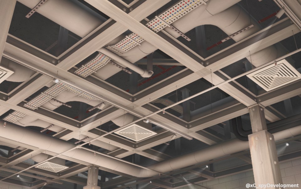 Detailed structural ceiling with beams, pipes, vents and cable routes
