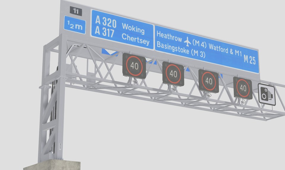Modelled UK smart motorway gantry with A320 and A317 directional signs and speed-limit displays