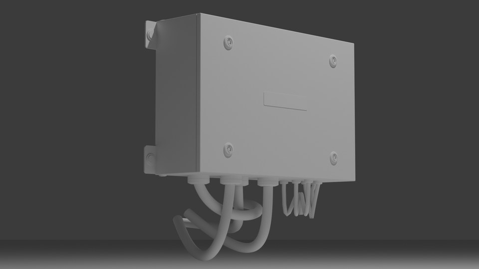 Front close view of a pale electrical enclosure with fasteners and cable outlets