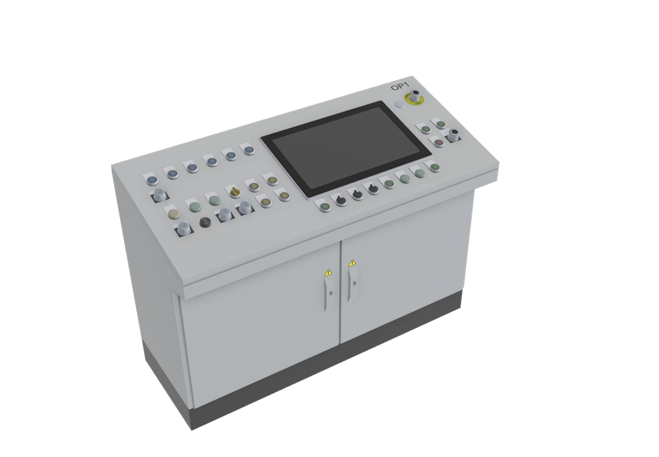 White ride control cabinet with black display and rows of switches and buttons