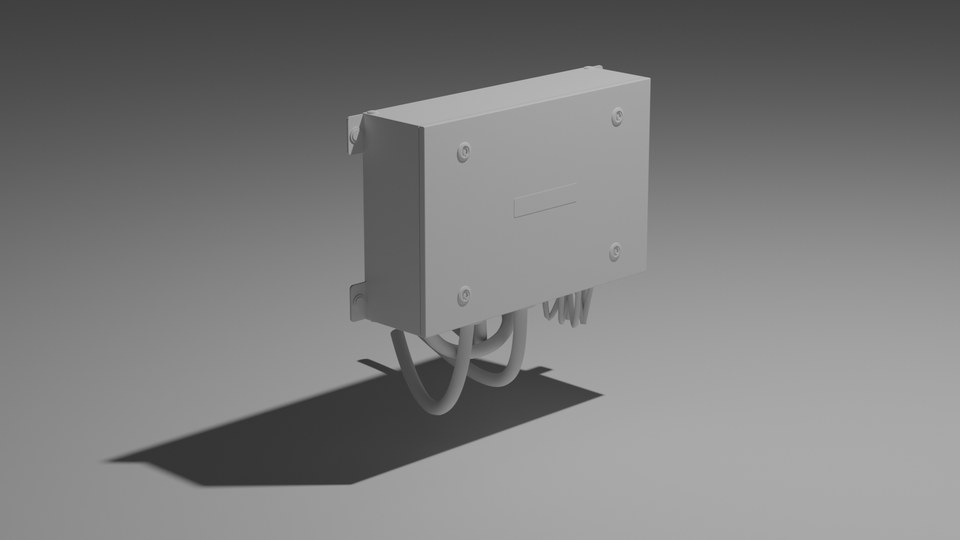 Angled electrical enclosure model with cables looping beneath it