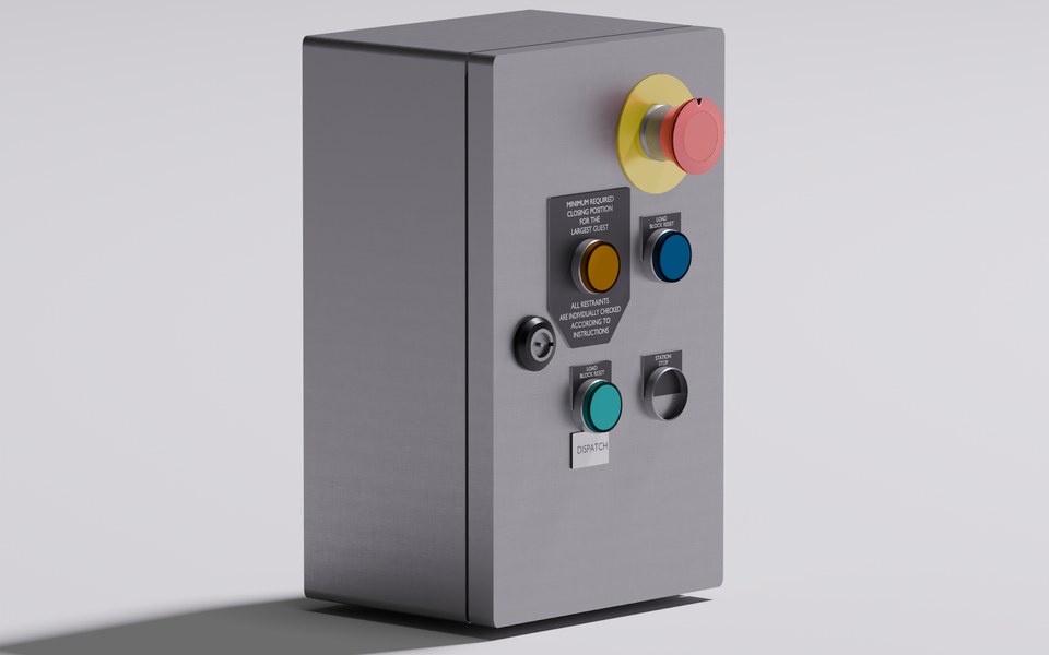 Upright grey operator control box with emergency stop and coloured push buttons