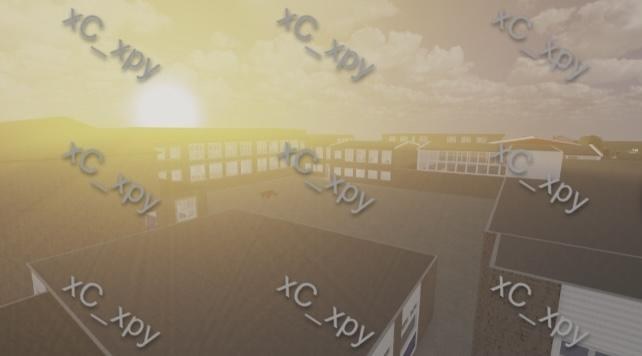 Watermarked Roblox school campus study viewed in warm evening light