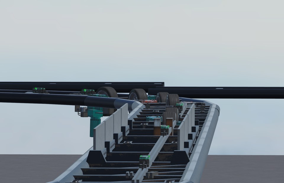 Detailed coaster station track with drive wheels, motors and surrounding steelwork