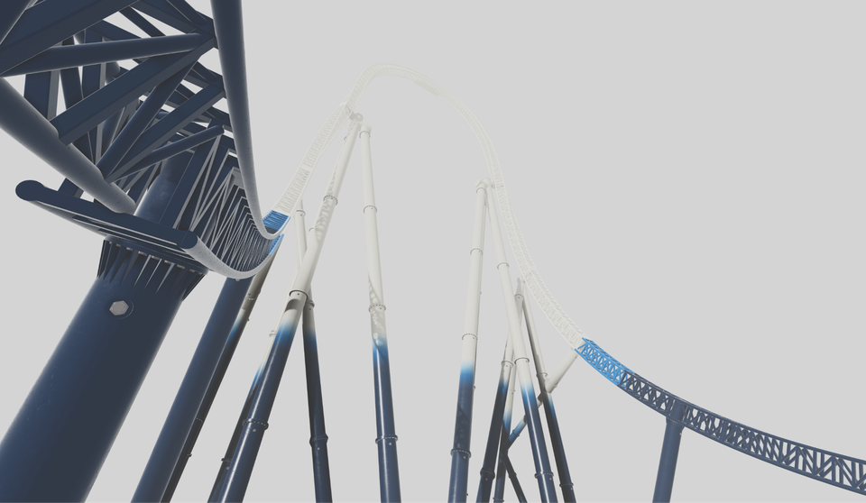 Upward view of Stealth coaster track, white support columns and steel bracing