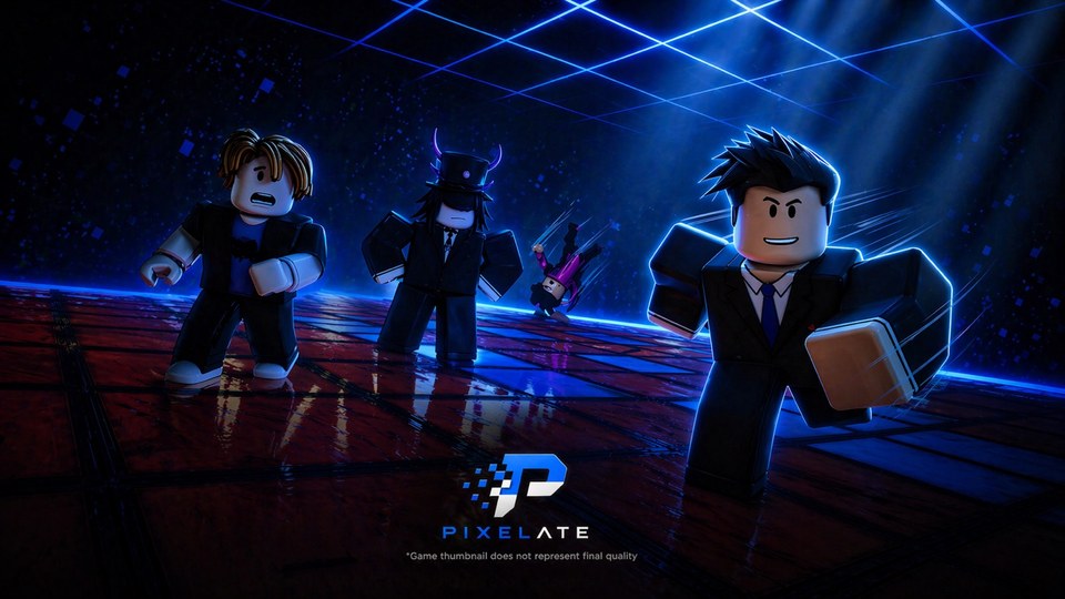 Pixelate promotional artwork with Roblox characters on a blue-lit floor grid